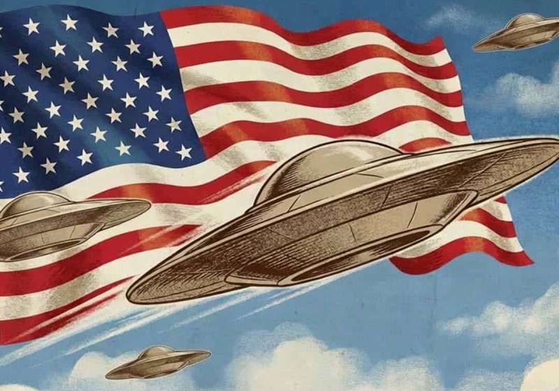 UFO's fly in front of an American flag