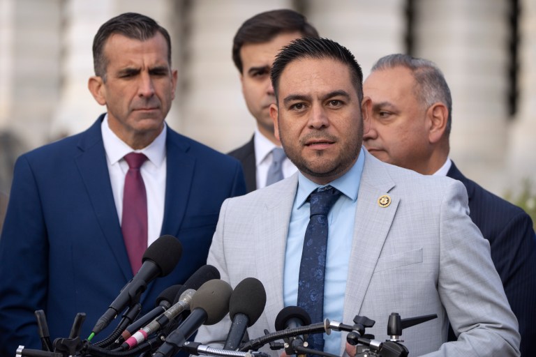 Rep. Gabe Vasquez, D-N.M., speaks during a news conference.