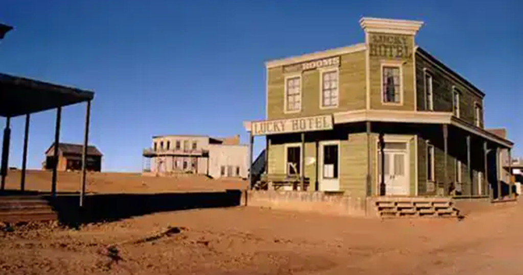 New Mexico film industry; a western movie set with the Lucky Hotel