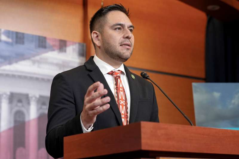 FILE - Rep. Gabe Vasquez, D-N.M., speaks during a news conference to announce the bipartisan Southwest Caucus, June 15, 2023, on Capitol Hill in Washington. (AP Photo/Mariam Zuhaib, File)