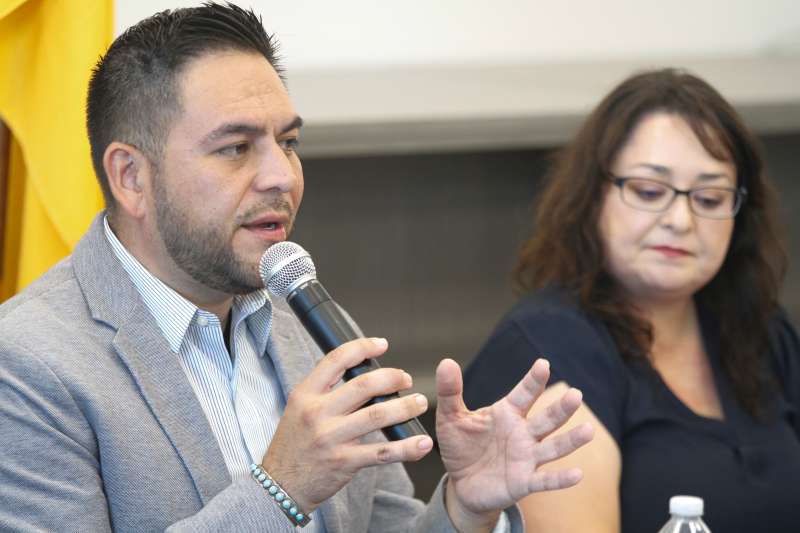 Rep. Gabe Vasquez speaks at an August 2024 town hall in Chaparral, N.M.